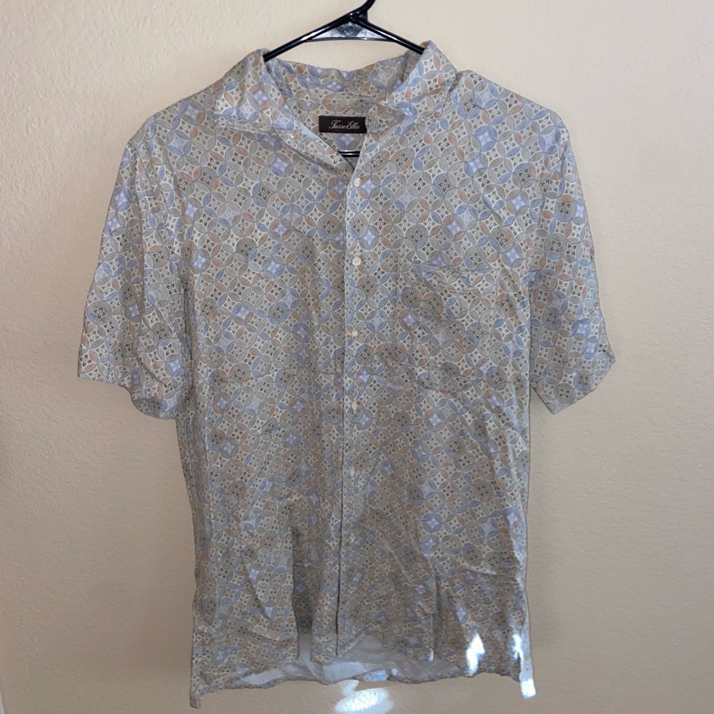 American Vintage Silk Collared Graphic Tee Short Sleeve Button Up Shirt, size S
